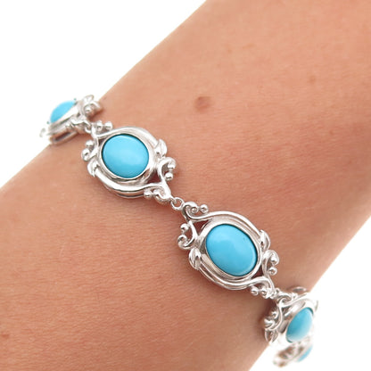 925 Sterling Silver Real Sleeping Beauty Turquoise Floral Bracelet 7.5-9.5"