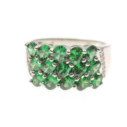 925 Sterling Silver Green & White C Z Cluster Ring Size 8
