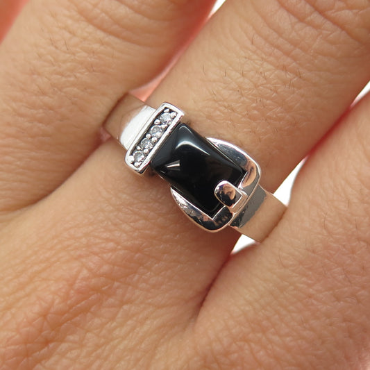 925 Sterling Silver Vintage Real Black Onyx & C Z Buckle Ring Size 9.5