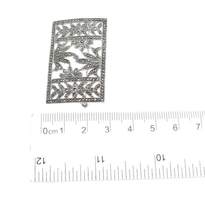 925 Sterling Silver Antique Art Deco Real Marcasite Floral Oxidized Pin Brooch