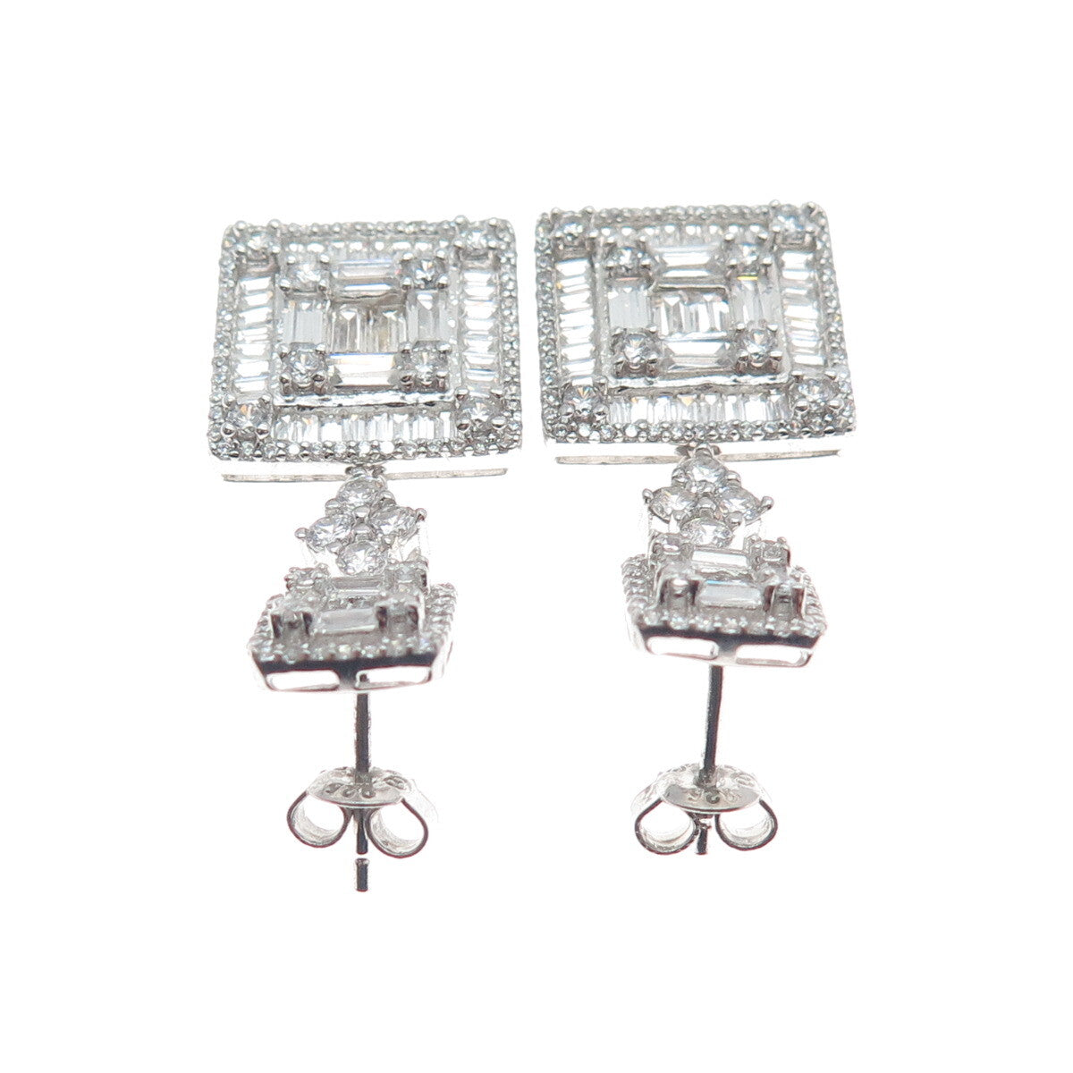 925 Sterling Silver Round & Baguette-Cut C Z Dangle Earrings