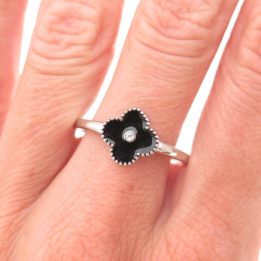 925 Sterling Silver Black Enamel & C Z Floral Ring Size 10