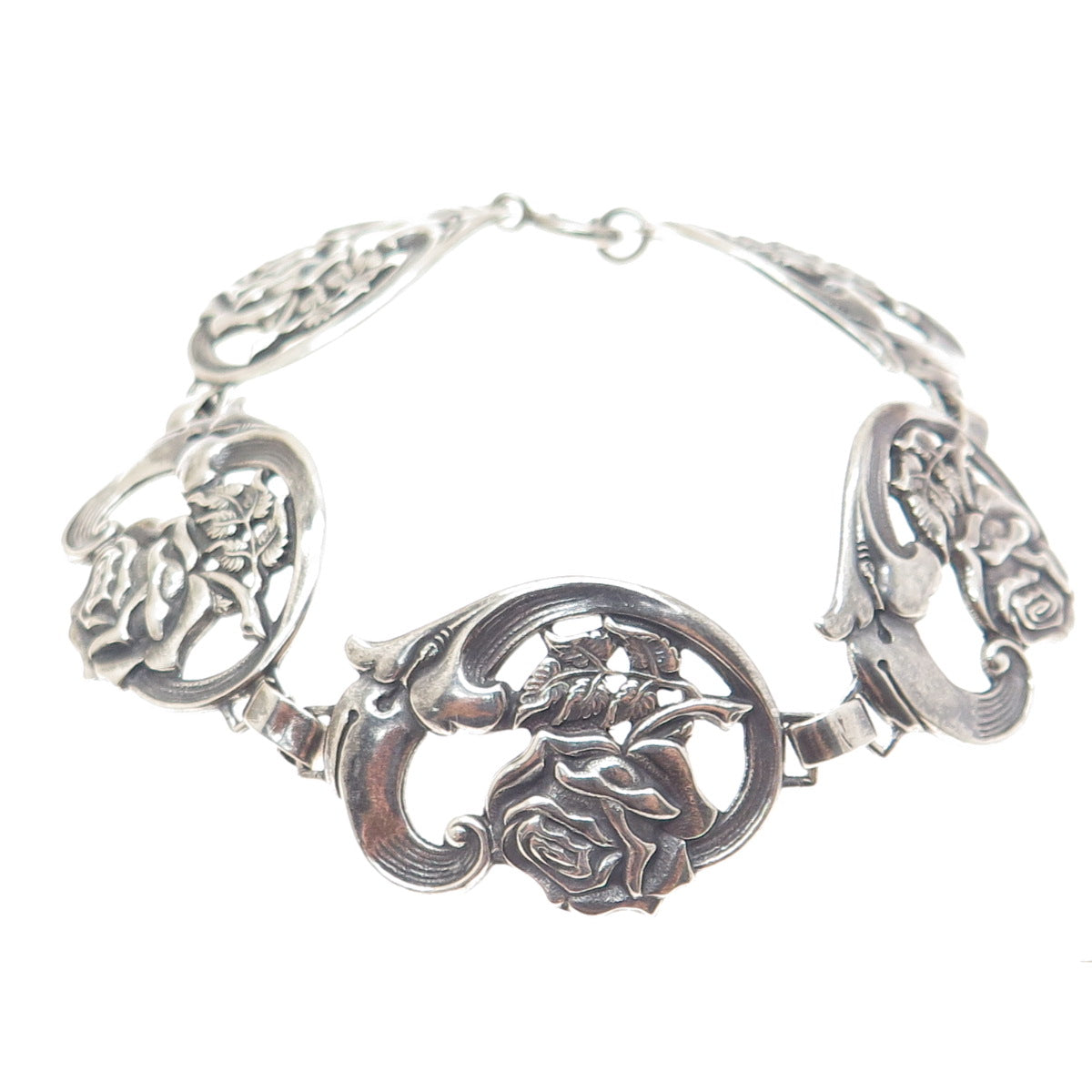 925 Sterling Silver Antique Art Deco Rose Flower Link Oxidized Bracelet 7.75"