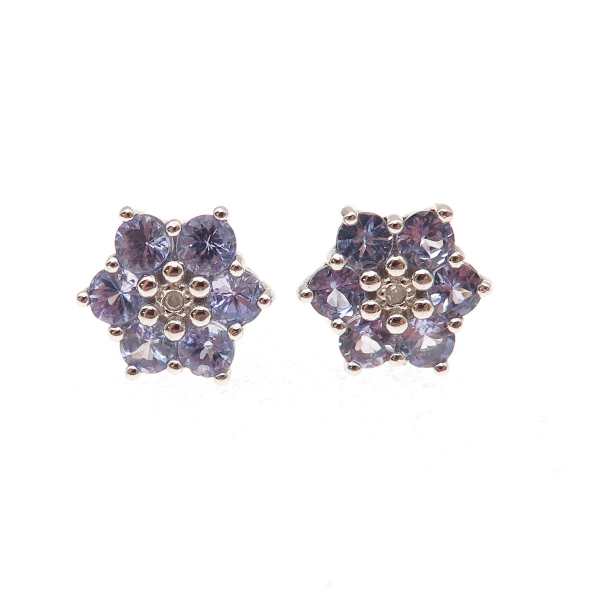 925 Sterling Silver Real Round-Cut Diamond & Tanzanite Floral Stud Earrings