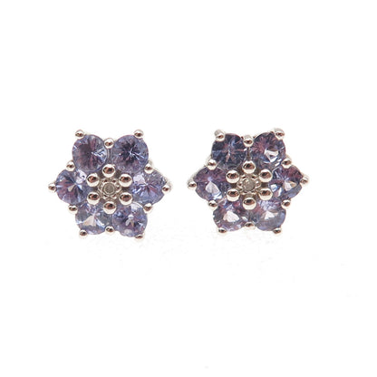 925 Sterling Silver Real Round-Cut Diamond & Tanzanite Floral Stud Earrings