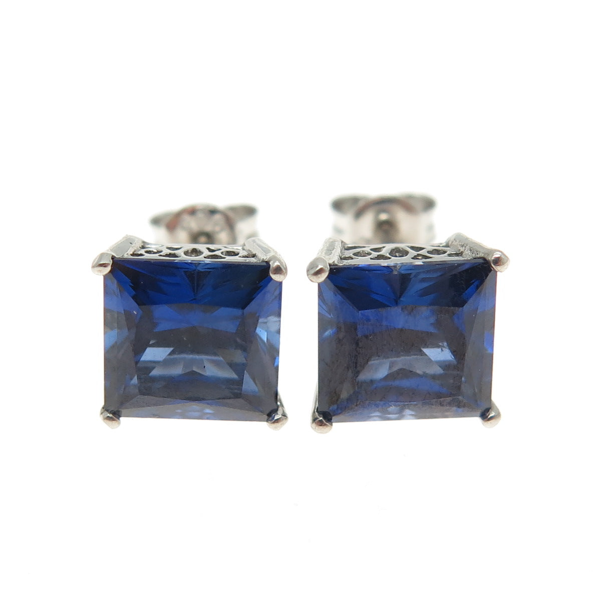 925 Sterling Silver Princess-Cut Blue C Z Stud Earrings