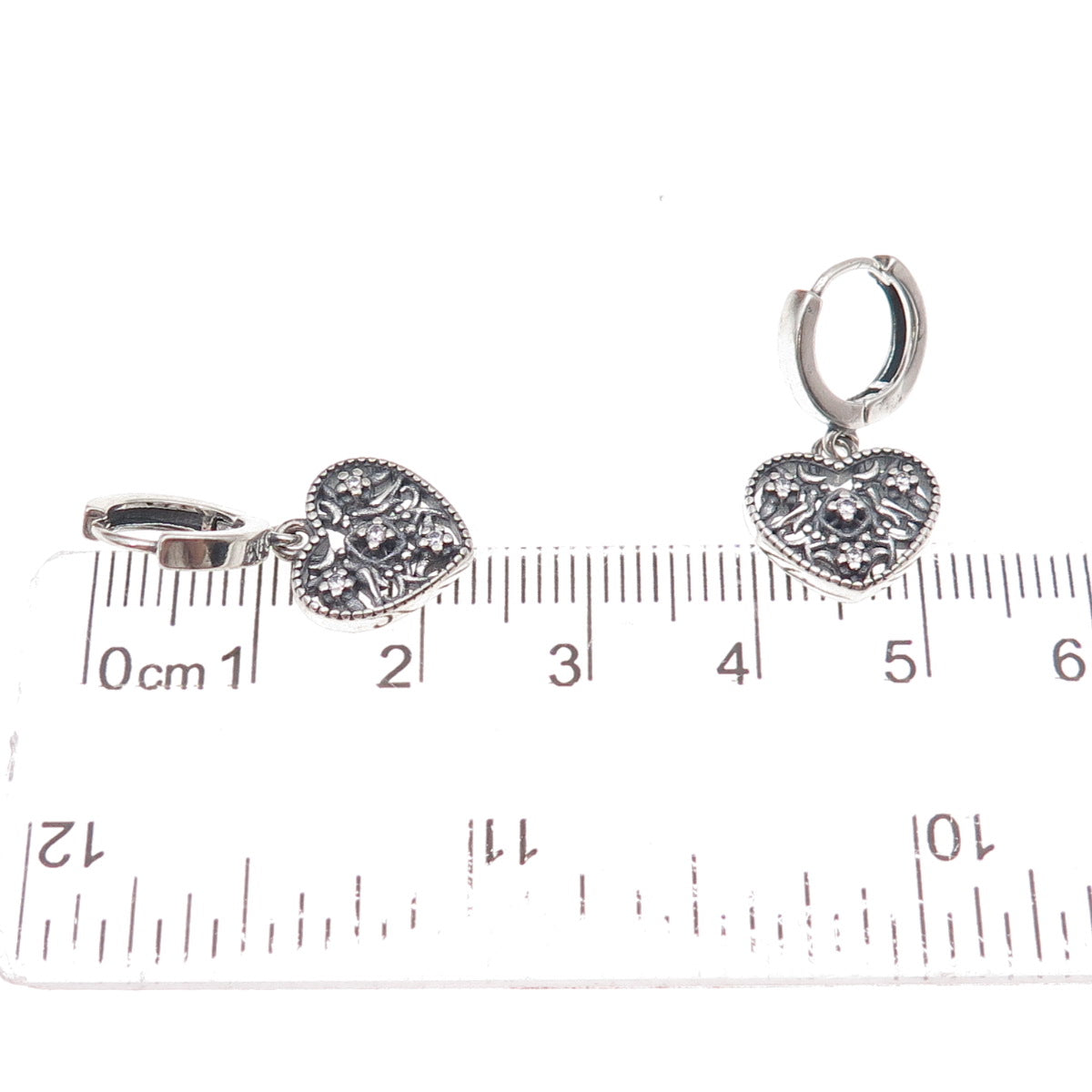 925 Sterling Silver Round-Cut C Z Heart Dangle Charm Hoop Earrings