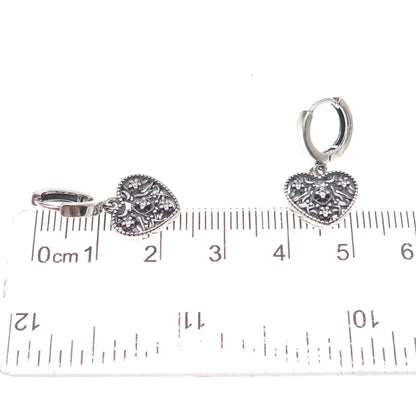 925 Sterling Silver Round-Cut C Z Heart Dangle Charm Hoop Earrings