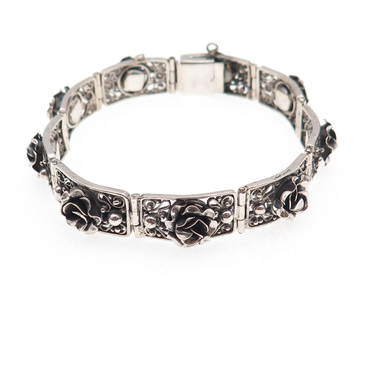 Peruzzi 800 Silver Antique Art Deco Italy Rose Floral Oxidized Bracelet 7"