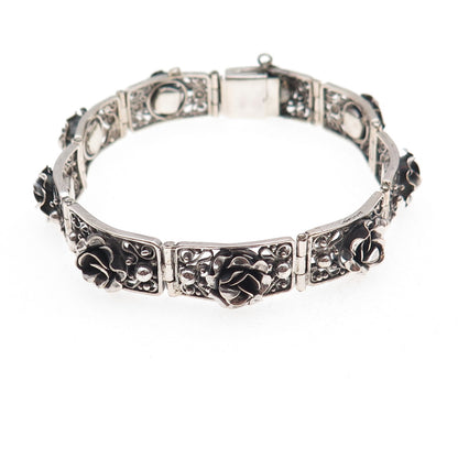 Peruzzi 800 Silver Antique Art Deco Italy Rose Floral Oxidized Bracelet 7"