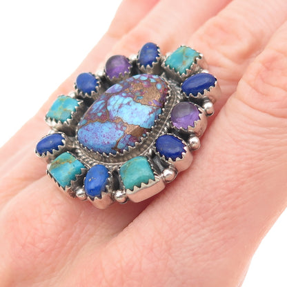 925 Sterling Vintage Mohave Turquoise Amethyst & Lapis Adjustable Ring Size 8.25