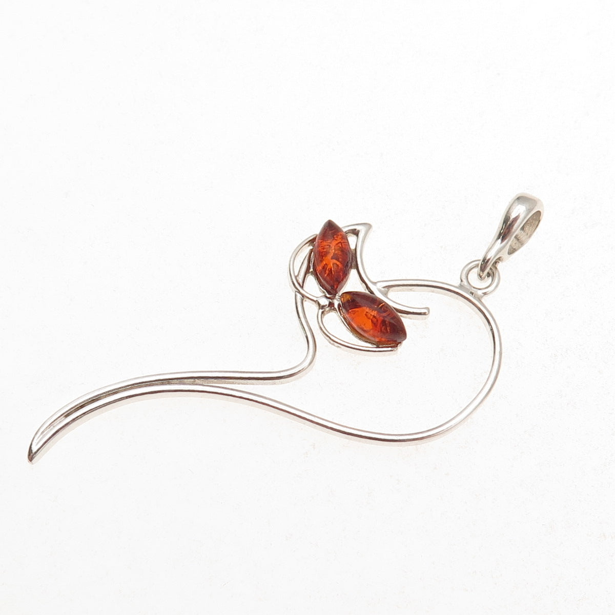 925 Sterling Silver Vintage Real Amber Modernist Cat Charm Pendant