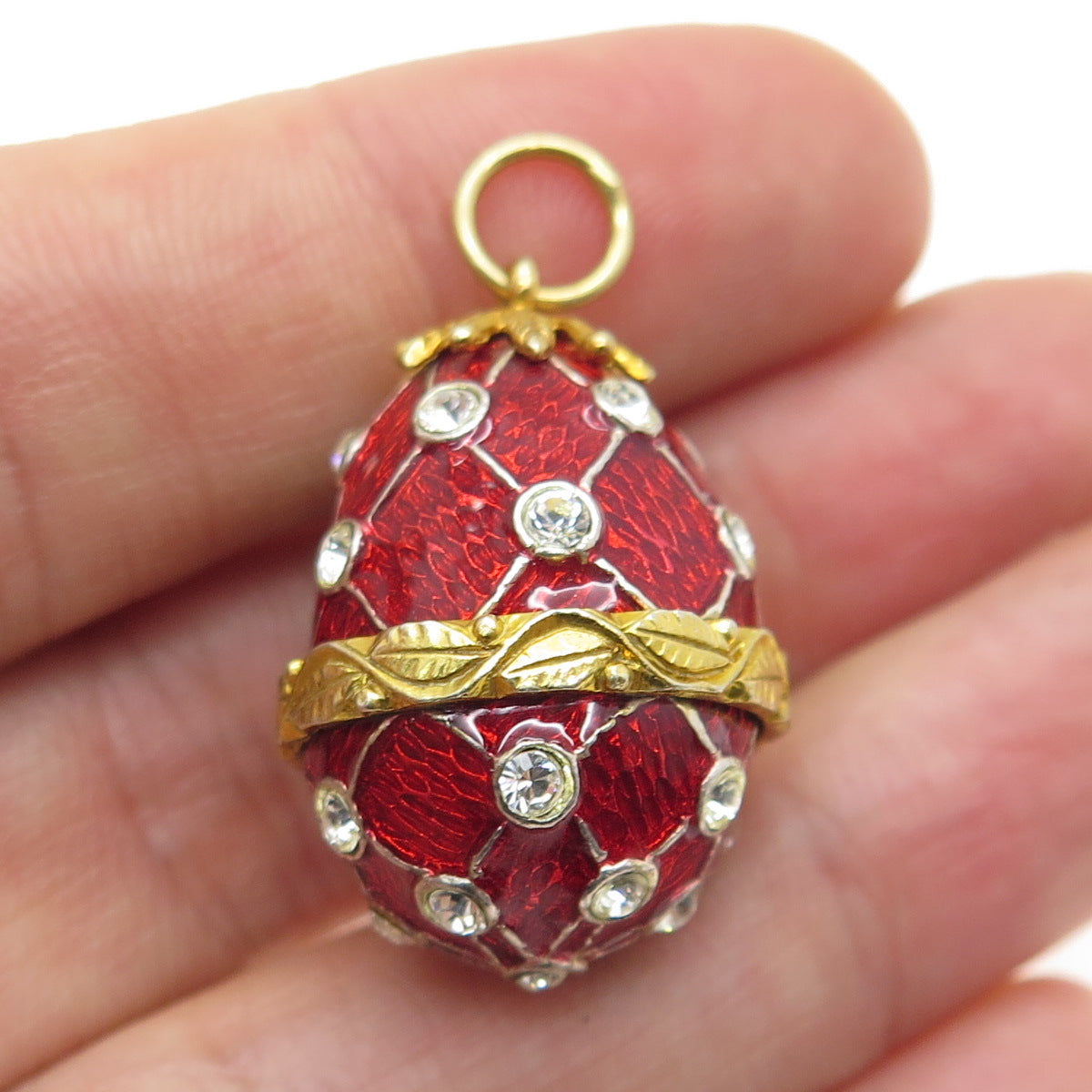 925 Sterling Silver Gold Plated Vintage Enamel Rhinestone Easter Egg Pendant