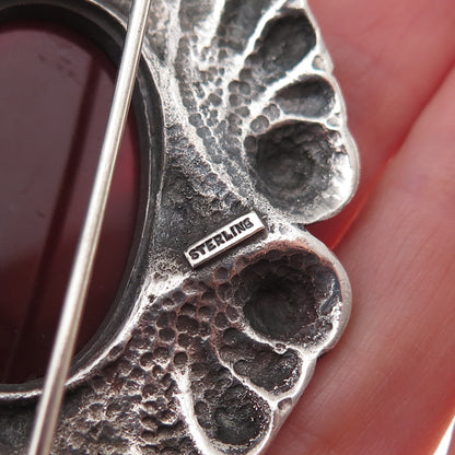 925 Sterling Silver Vintage Real Carnelian Modernist Oxidized Pin Brooch