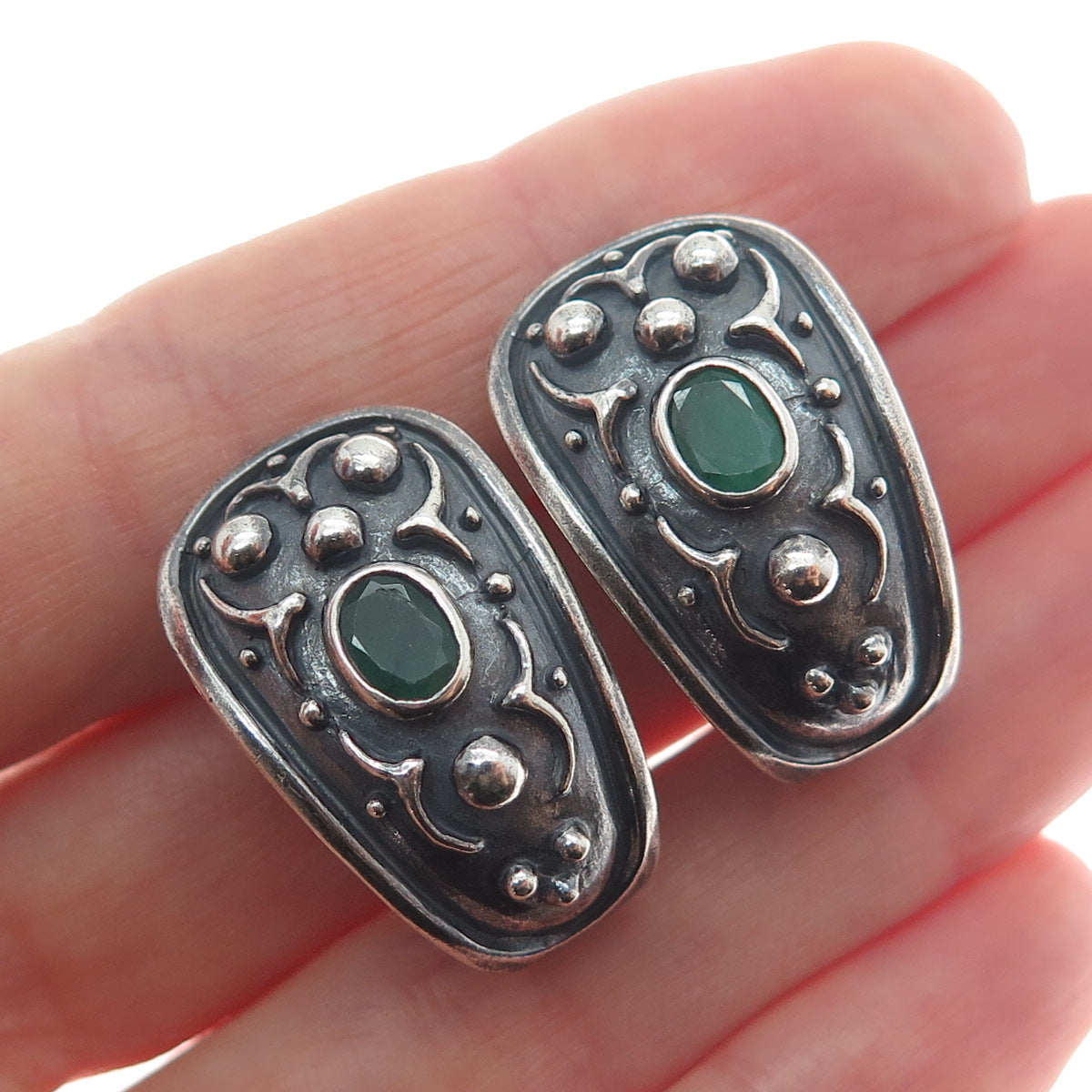 925 Sterling Silver Vintage Real Emerald Modernist Oxidized Omega Back Earrings