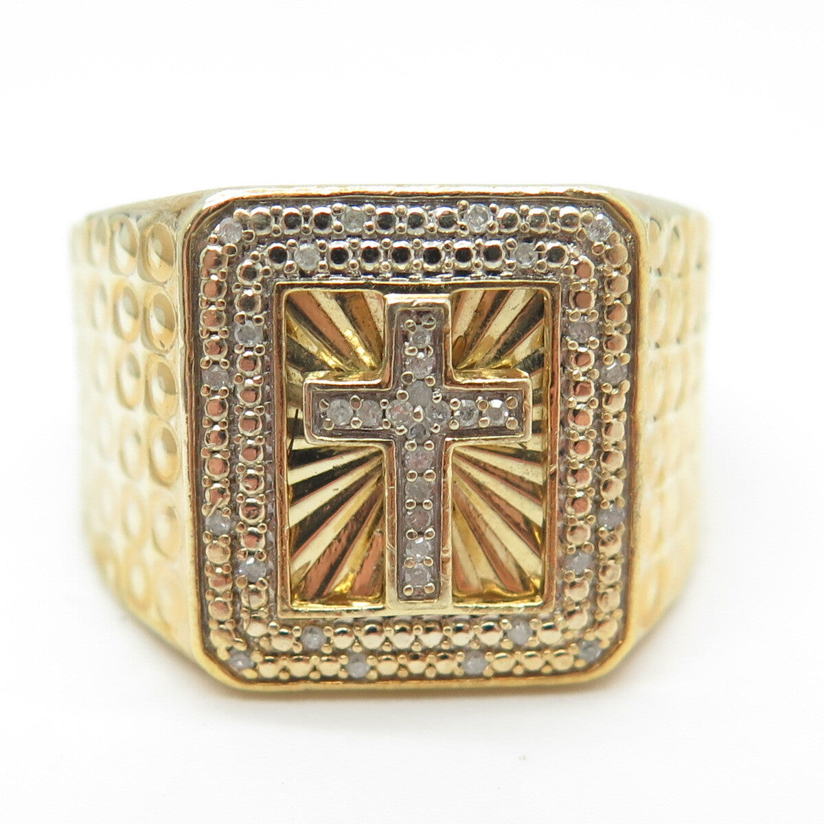 925 Sterling Silver Gold Plated Real Round-Cut Diamond Cross Ring Size 10