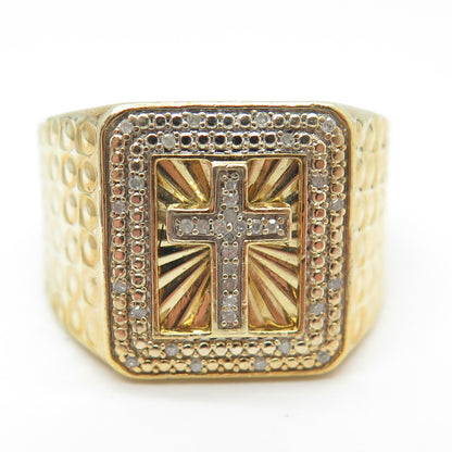 925 Sterling Silver Gold Plated Real Round-Cut Diamond Cross Ring Size 10