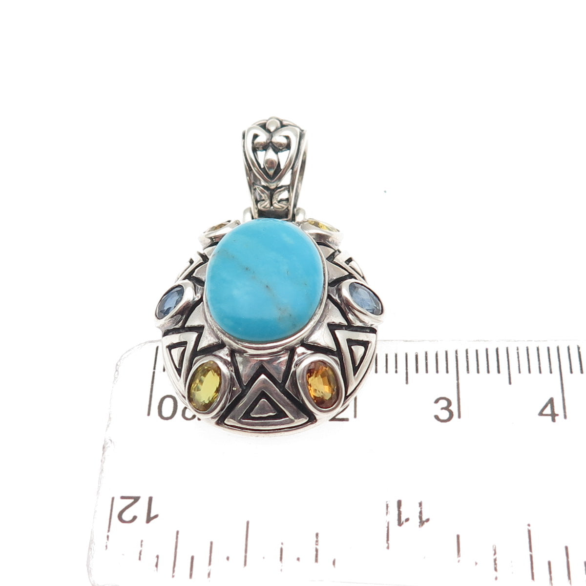 SX Sally C 925 Sterling Vintage Real Turquoise Blue & Yellow Sapphire Pendant