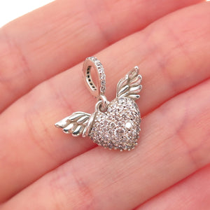 Pandora 925 Sterling Silver C Z Heart & Angel Wings Charm Pendant