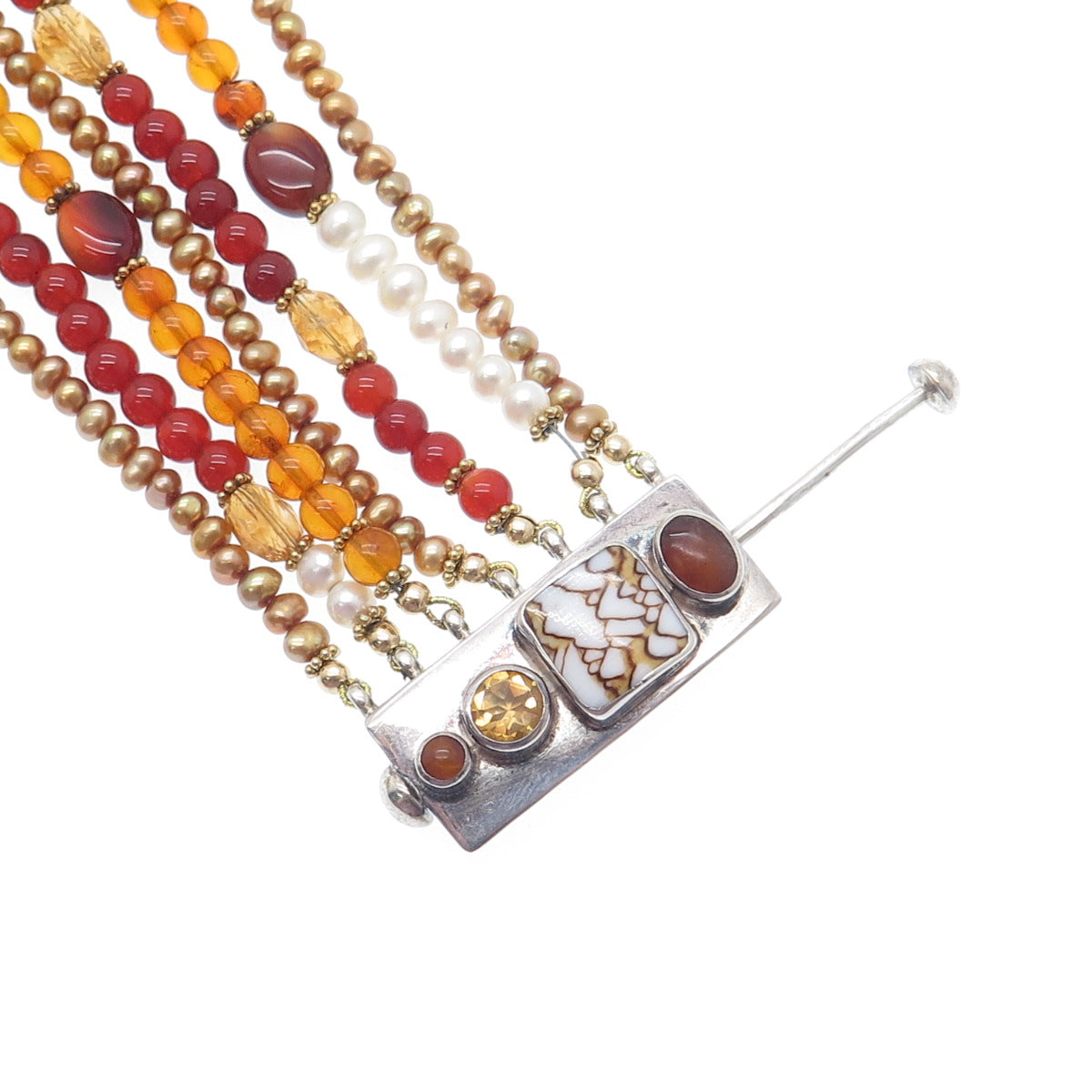 925 Sterling Vintage Jasper Pearl Citrine Carnelian Amber Beaded Bracelet 6.5"