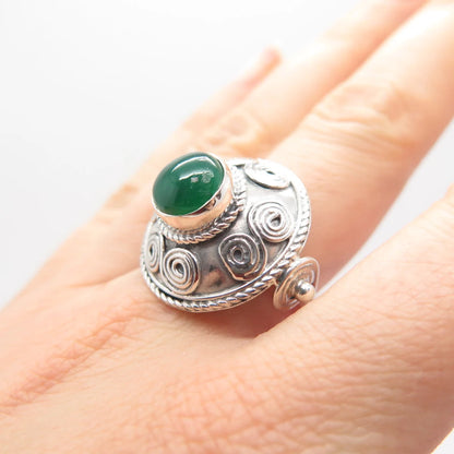 925 Sterling Silver Vintage Real Green Onyx Gem Swirl Round Ring Size 7.75