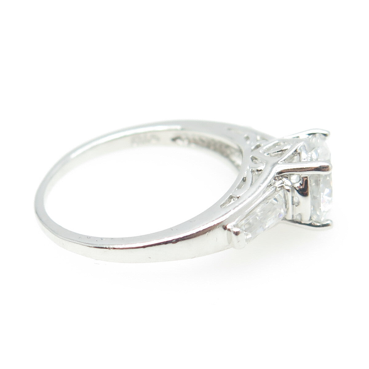 925 Sterling Silver Round & Tapered Baguette-Cut C Z Engagement Ring Size 8