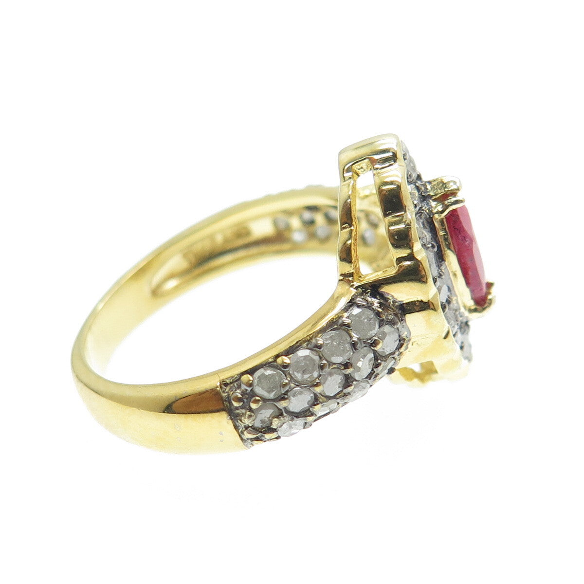 925 Sterling Silver Gold Plated Diamond & Marquis-Cut Ruby Gem Ring Size 6.25