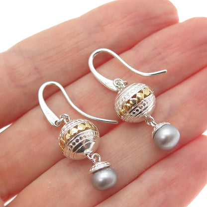 KIT HEATH Sterling Silver 2-Tone Vintage Faux Pearl Modernist Dangle Earrings