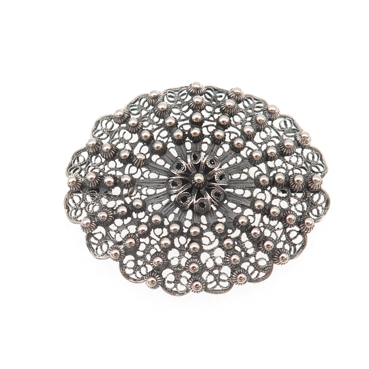 800 Silver Antique Art Deco Italy Floral Filigree Beaded Oxidized Pendant