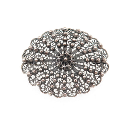 800 Silver Antique Art Deco Italy Floral Filigree Beaded Oxidized Pendant