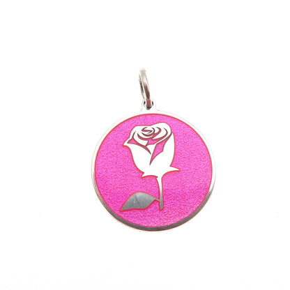 925 Sterling Silver Pink Enamel Rose Flower Round Tag Mini Charm Pendant