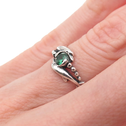 925 Sterling Vintage Real Chrome Diopside Dolphin Couple Oxidized Ring Size 4.75