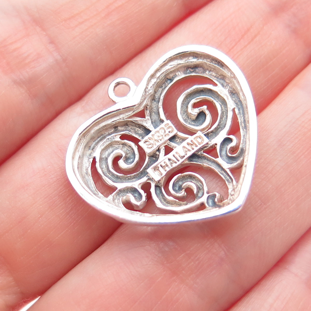 SX SALLY C 925 Sterling Silver Vintage Modernist Swirl Heart Charm Pendant