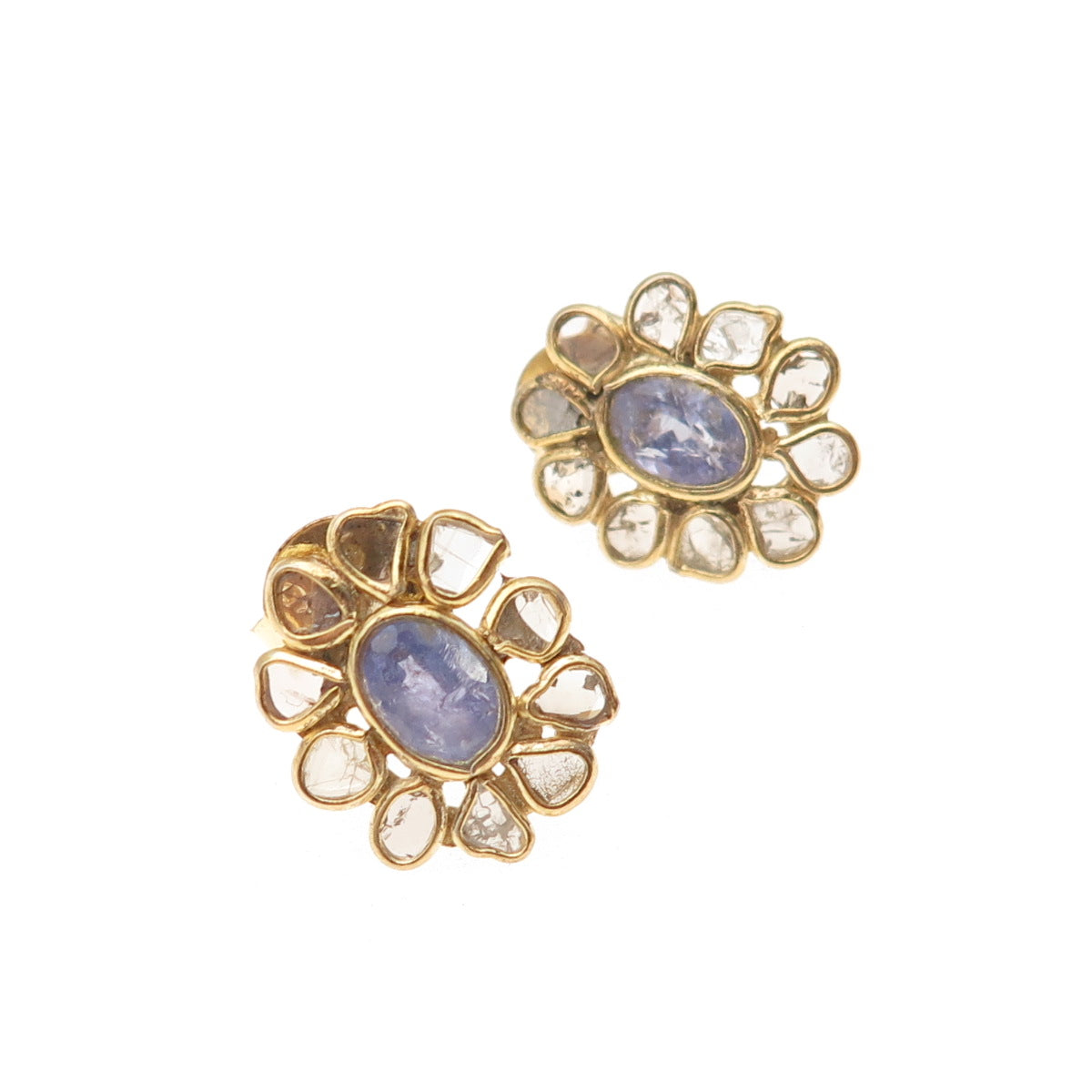 925 Sterling Silver Gold Plated Real Rose-Cut Diamond Tanzanite Floral Earrings