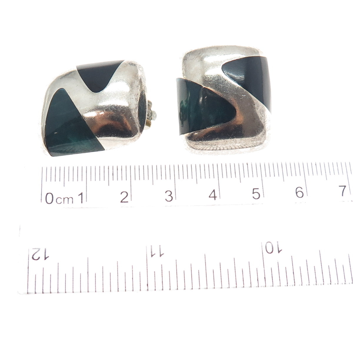 925 Sterling Silver Vintage Mexico Green & Black Onyx Modernist Clip On Earrings