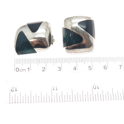 925 Sterling Silver Vintage Mexico Green & Black Onyx Modernist Clip On Earrings
