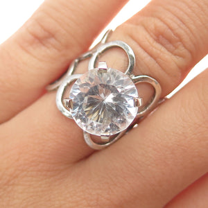 925 Sterling Silver Vintage Real Round-Cut White Topaz Modernist Ring Size 6.75