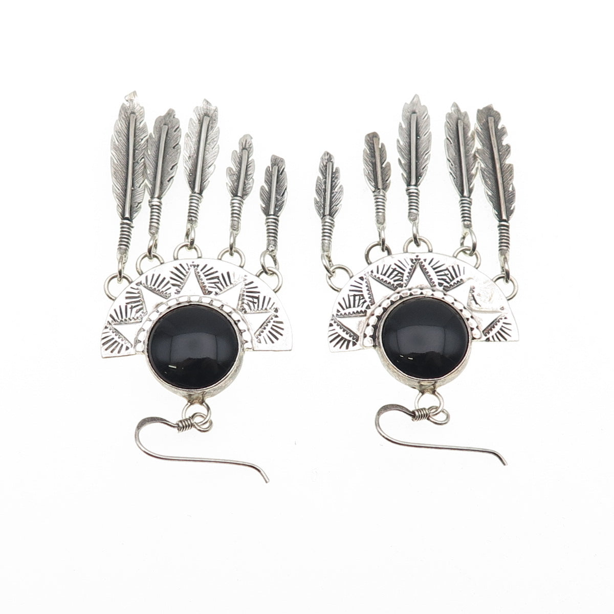 Jack Bly Kewa Old Pawn 925 Sterling Vintage Black Onyx Feather Dangle Earrings