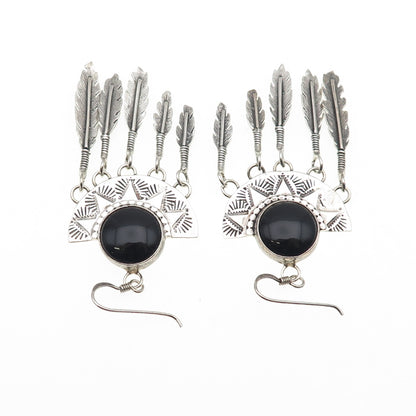 Jack Bly Kewa Old Pawn 925 Sterling Vintage Black Onyx Feather Dangle Earrings