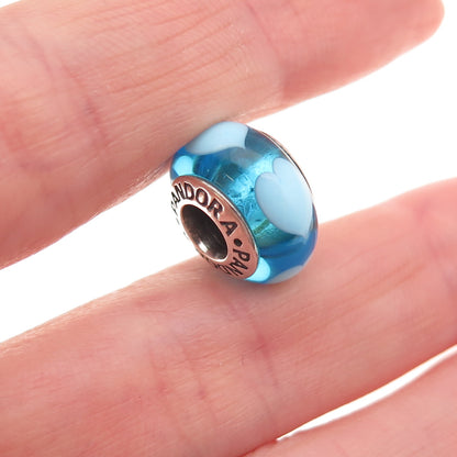Pandora 925 Sterling Silver Blue Murano Glass Heart Slide Bead Charm
