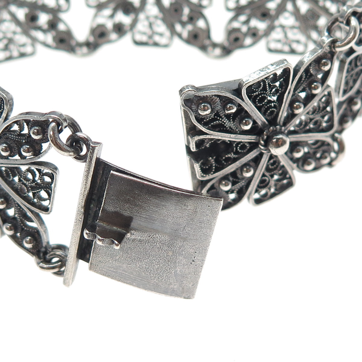 925 Sterling Silver Vintage GHG Artisan Cross Filigree Oxidized Bracelet 7.25"