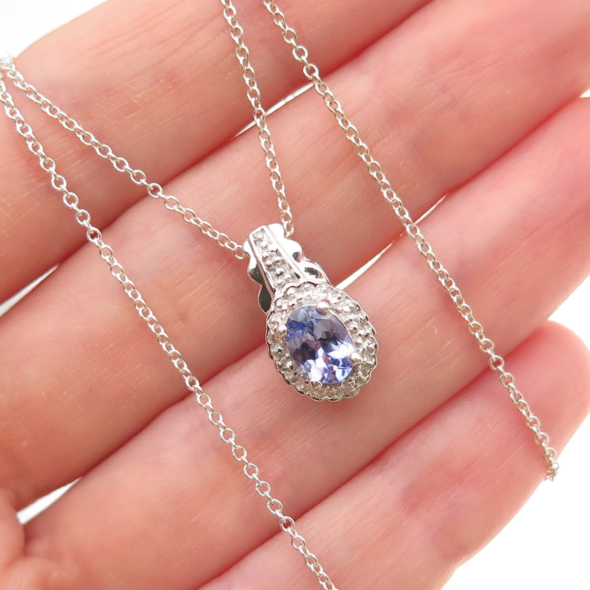 925 Sterling Silver Real Tanzanite & White Topaz Cable Chain Necklace 18"