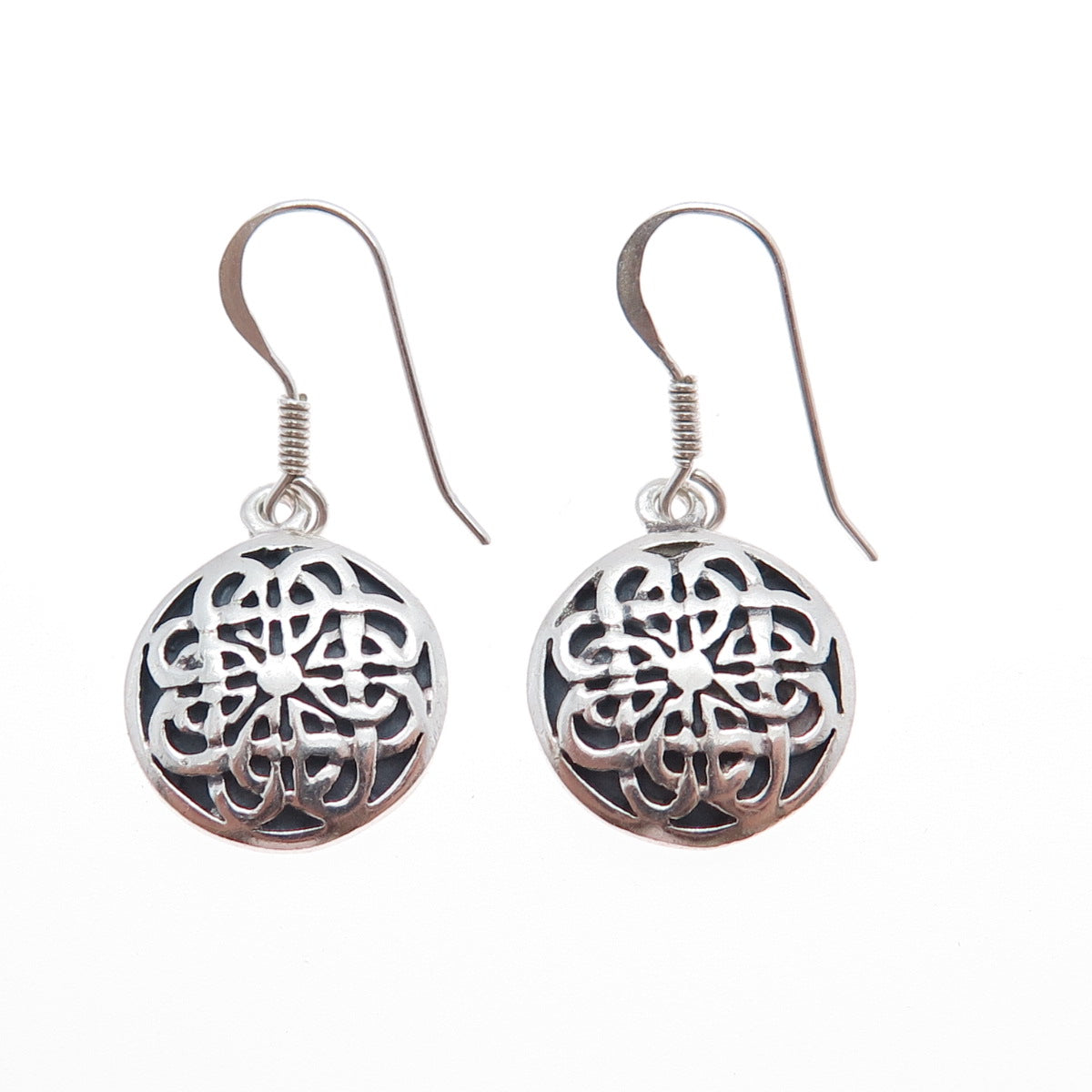 925 Sterling Silver Vintage Celtic Flower Oxidized Dangle Earrings