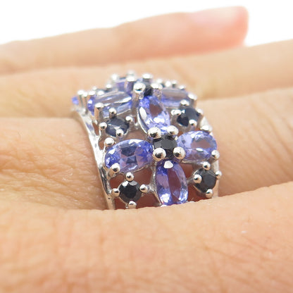 DSMK 925 Sterling Silver Tanzanite & Sapphire Gem Floral Cluster Ring Size 7
