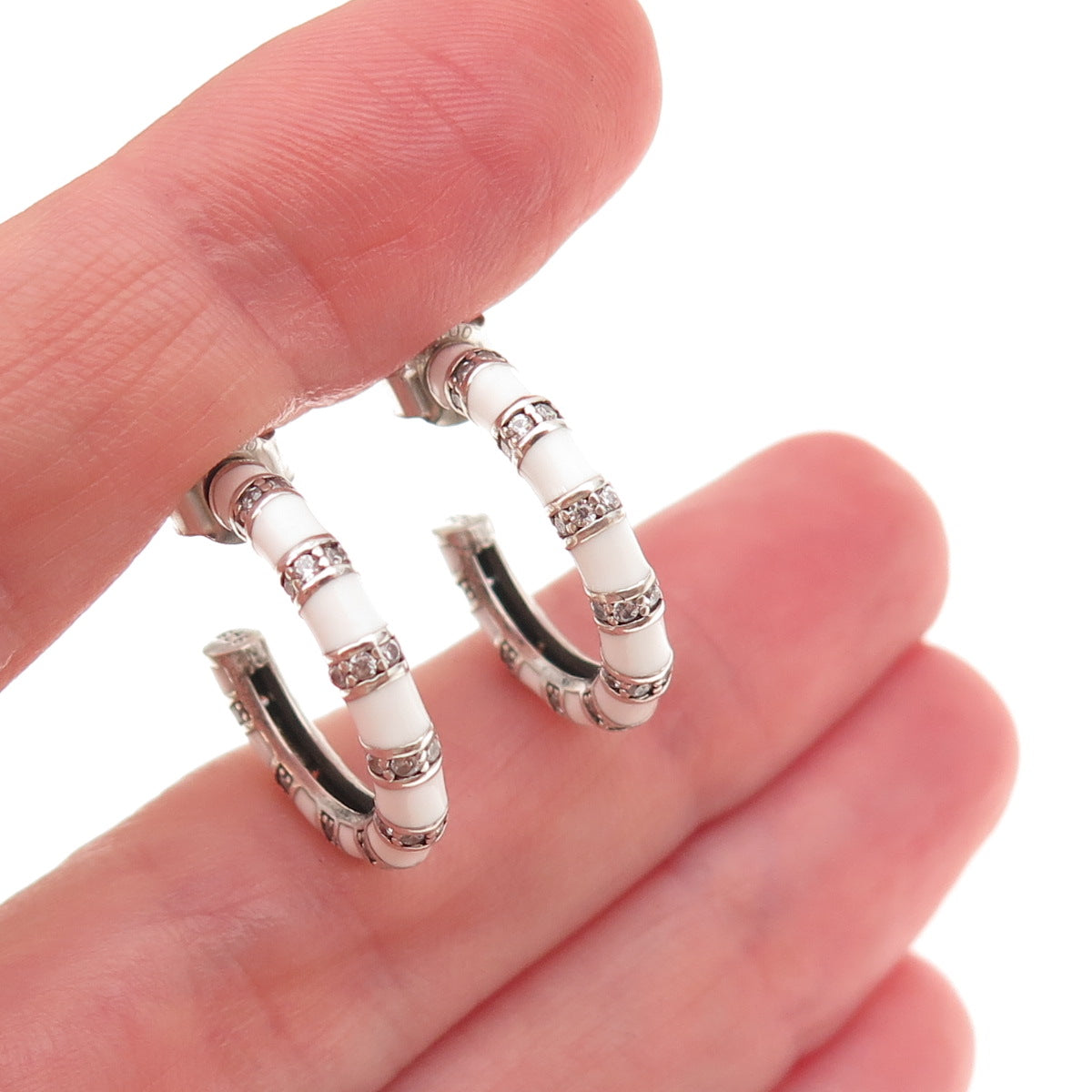 925 Sterling Silver Enamel & C Z Bamboo Hoop Earrings