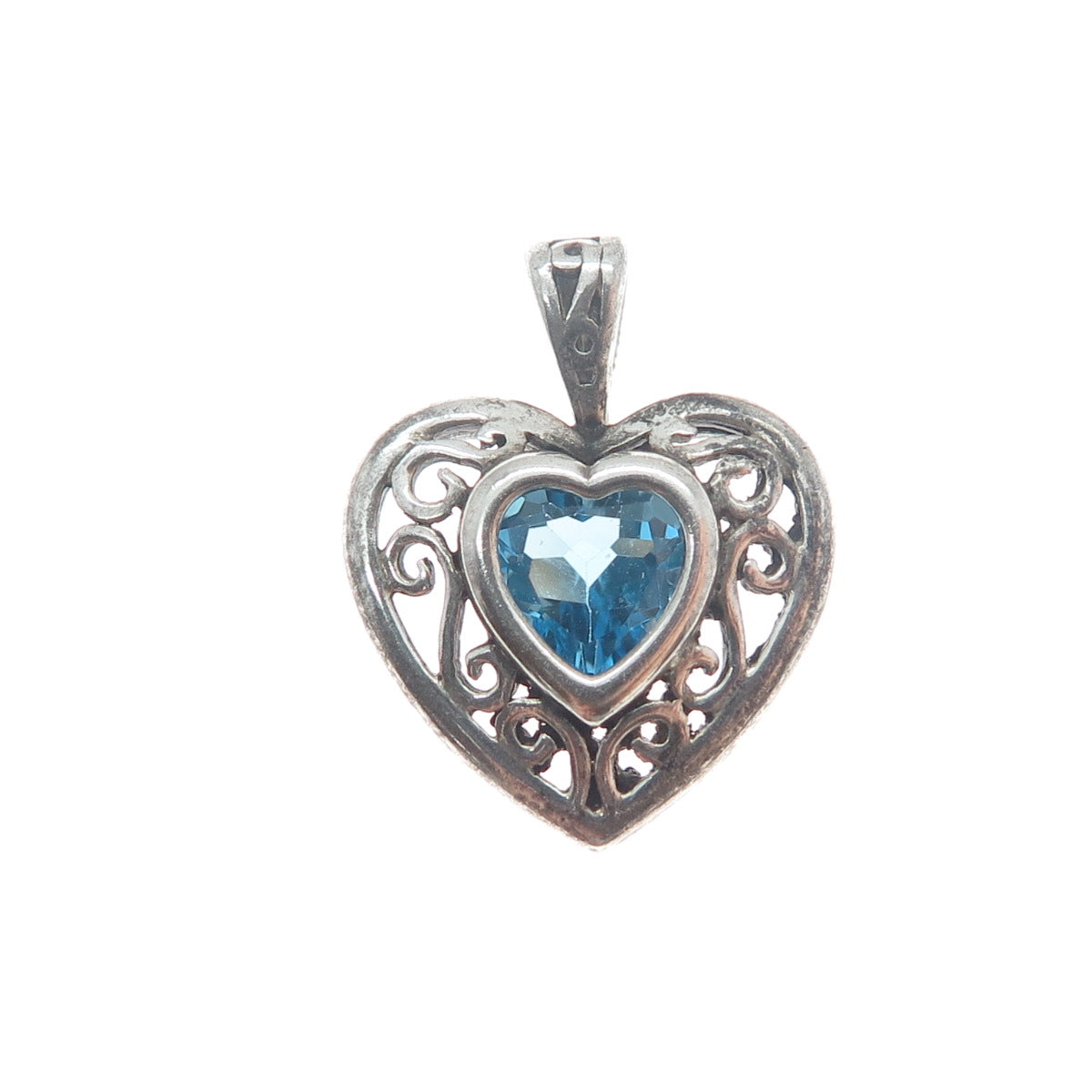 925 Sterling Silver Vintage London Blue Topaz Heart Oxidized Minimalist Pendant