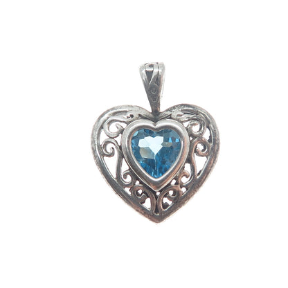 925 Sterling Silver Vintage London Blue Topaz Heart Oxidized Minimalist Pendant