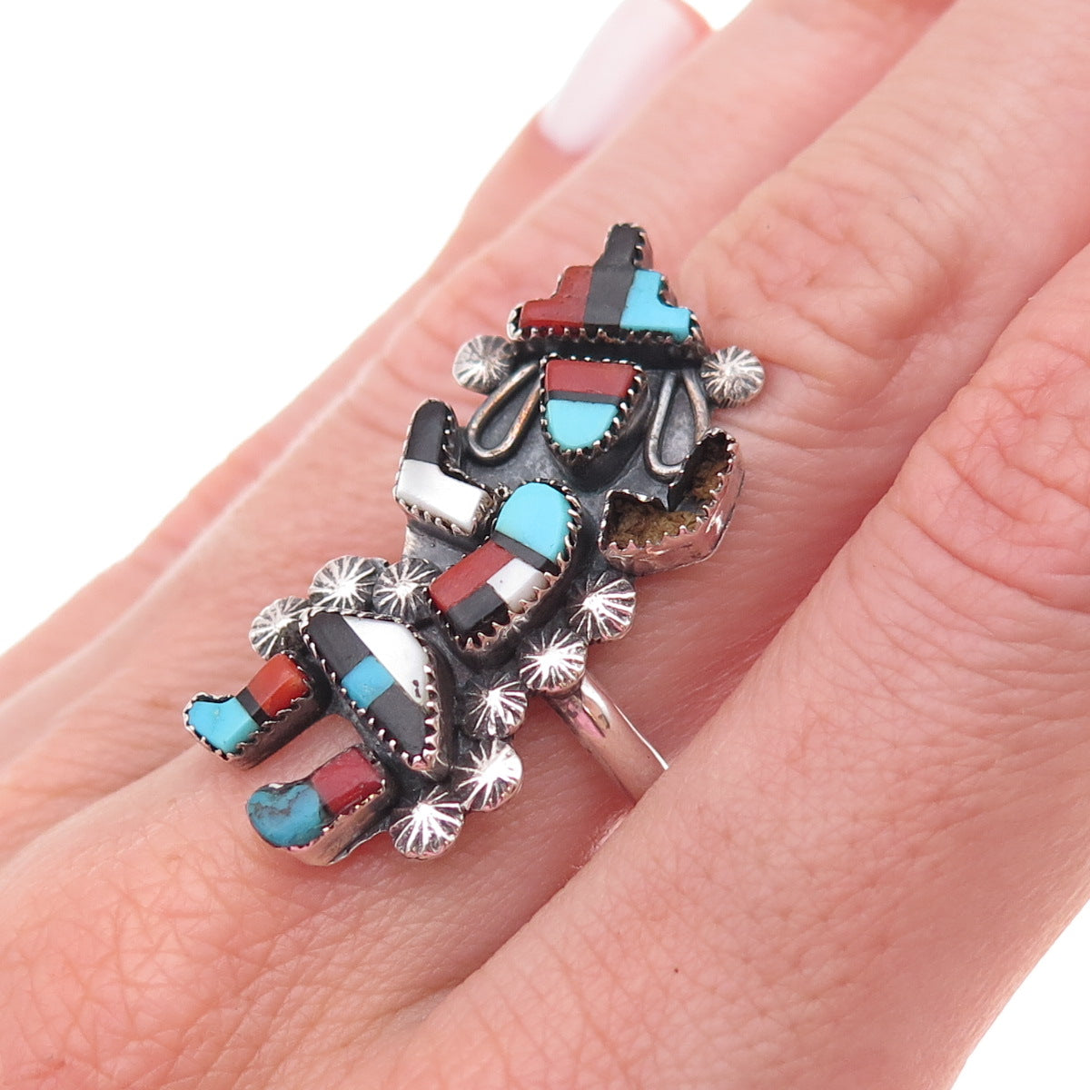 Old Pawn 925 Sterling Vintage Multi-Gem Kachina Ring Size 6.25 (missing stone)