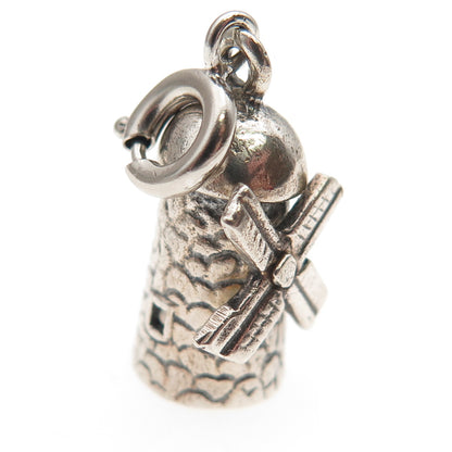 925 Sterling Silver Vintage Windmill Spring Ring Lock Oxidized 3D Charm Pendant