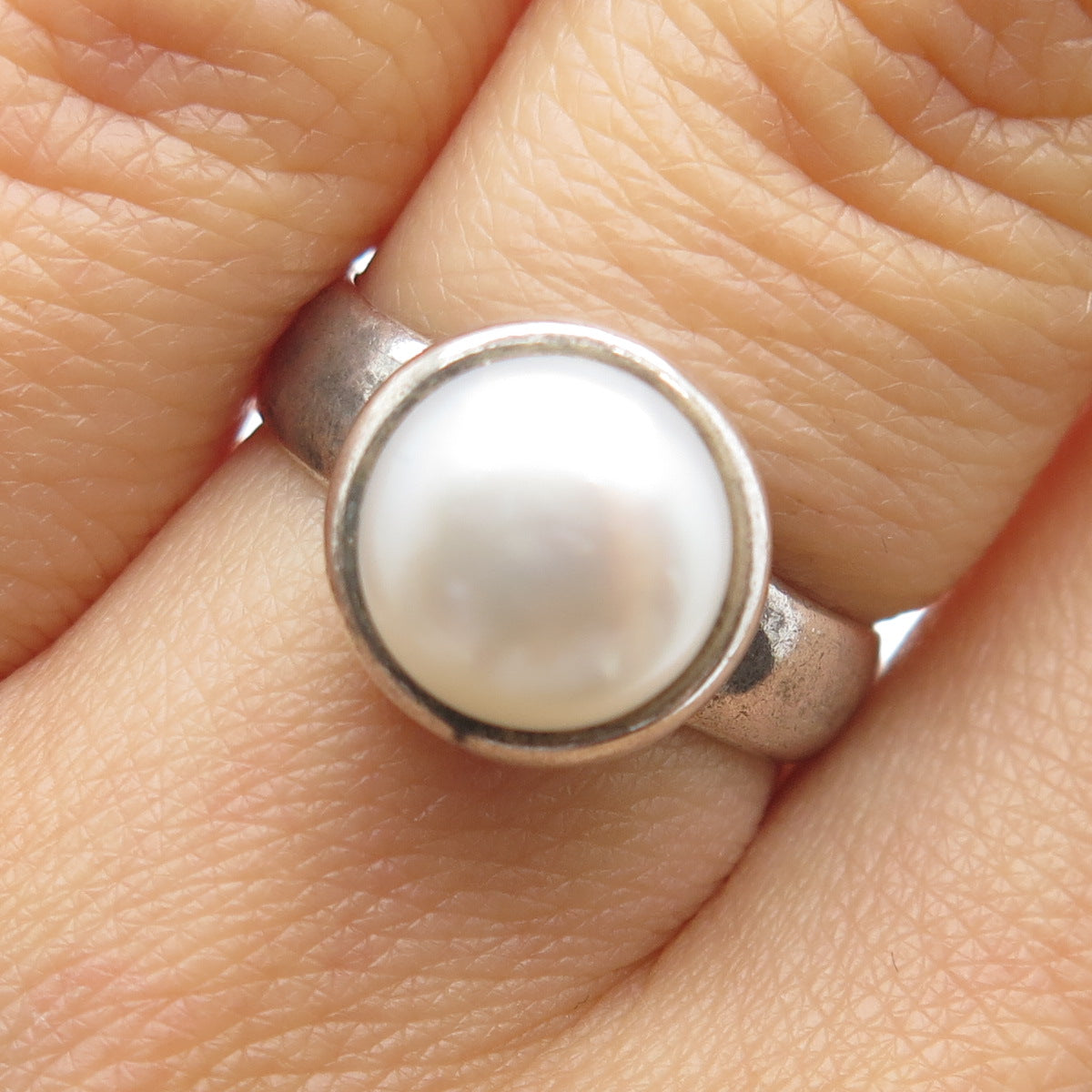 950 Silver Vintage Real Pearl Oxidized Ring Size 6.25